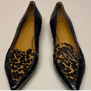 Tory Burch Black Leopard Print Pointed Toe Flats, sz 8